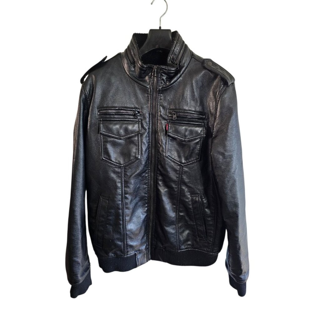 Levi’s Faux Leather Bomber Jacket Mens L Black Sherpa Lined Zip Up Moto Style - Picture 2 of 9
